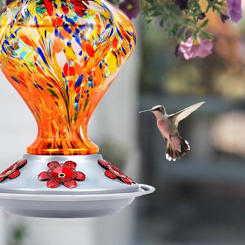 BOLITE Glass Hummingbird Feeder - Hand Blown Twisted Design with Ant Moat & 5 Feeding Ports | 24 Ounces, Orange