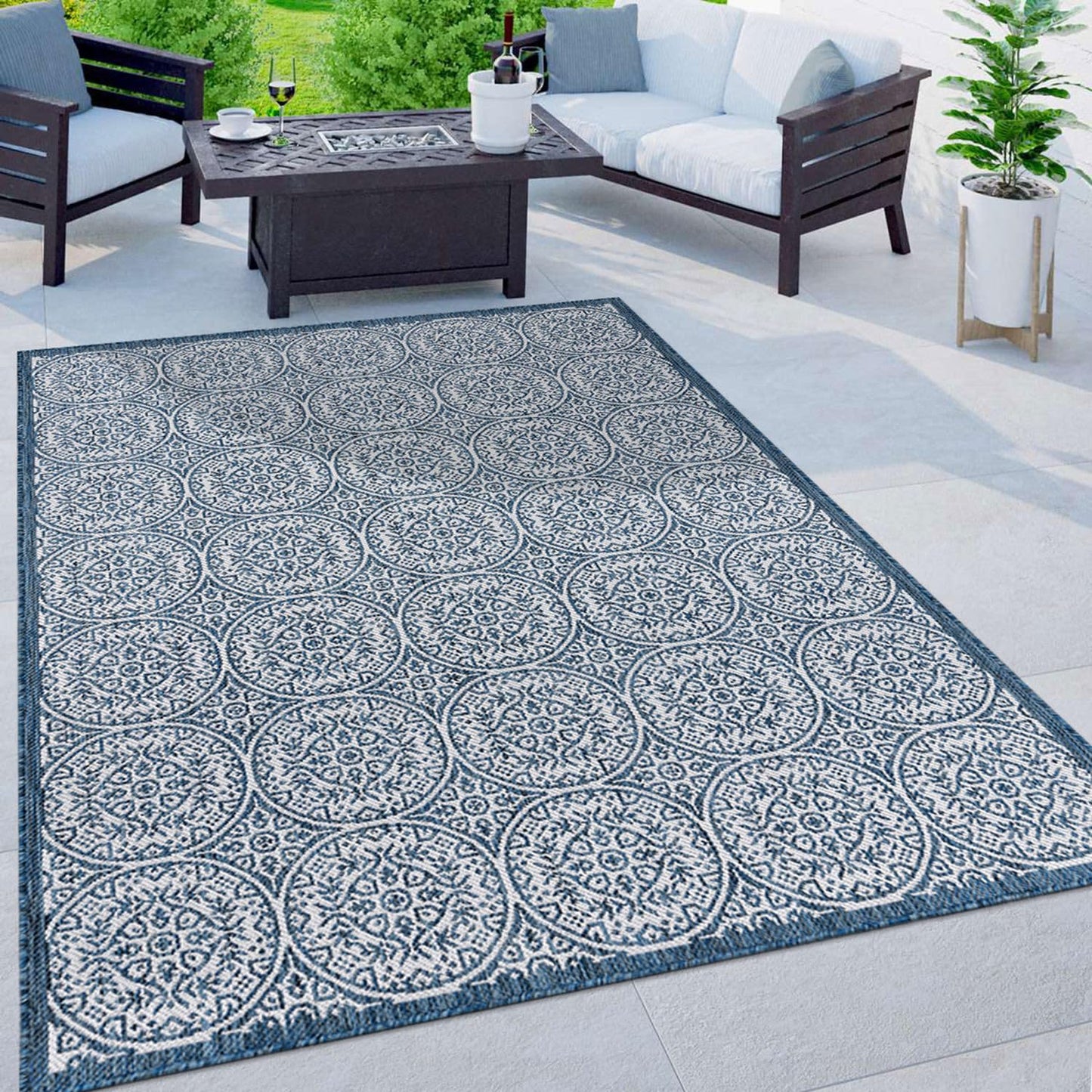 Rugshop Capri Transitional Floral Circles Textured Flat Weave Easy Cleaning Outdoor Rugs for Deck,Patio,Backyard Indoor/Outdoor Area Rug 5' x 7' Navy