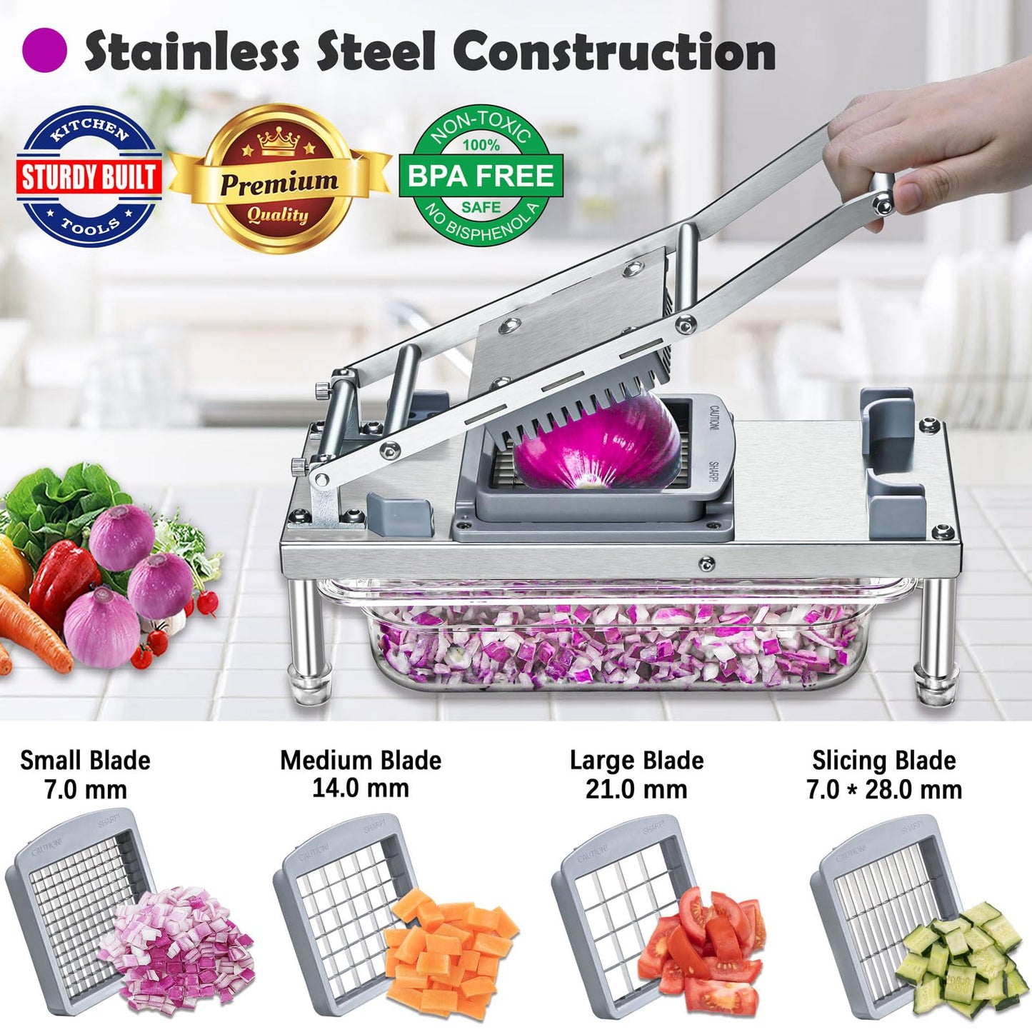 Stainless Steel Vegetable Chopper with 10 Blades - Mandoline Slicer-Pro Food Chopper with Container - Veggie Salad Onion Chopper - Potato Dicer - Tomato Cutter - Cheese Grater