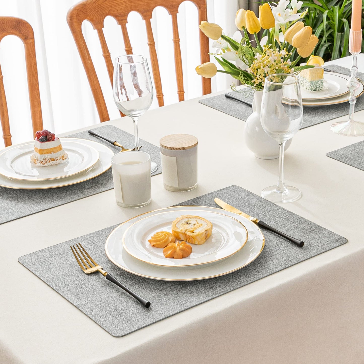 Romanstile Vinyl Placemats Set of 4-12 X 17 Inch - Faux Leather 100% Waterproof Oil-Proof Wipeable Place Mats, Heat Resistant Reversible PU Table Mats for Kitchen Dining Party Outdoor, Light Grey