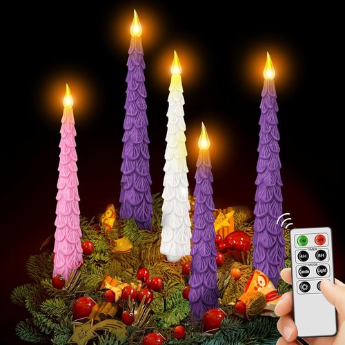 Baquler Flameless Advent Candles Set - 5 Pcs 10-Inch LED Taper Candles with Remote Timer | Purple, Pink, White