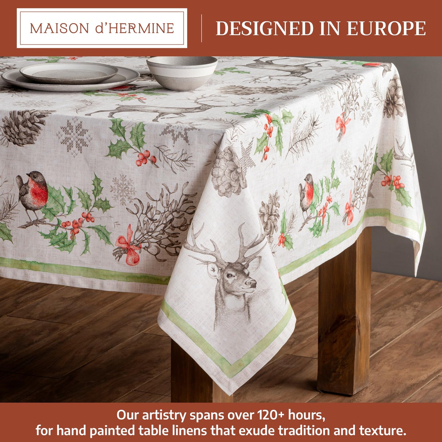 Maison d' Hermine Table Cloth Rectangle Table 100% Cotton 70 x 90 Inches Fall Tablecloth Reusable Everyday Use for Thanksgiving Christmas Decorations Dining Farmhouse Party (Christmas Dew)