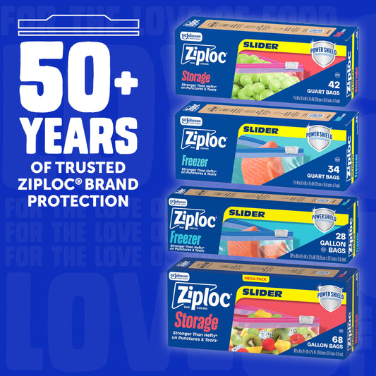 Ziploc Food Storage Quart Freezer Slider Bags, Power Shield Technology for More Durability, 34 count