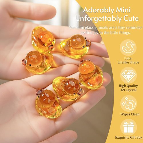 H&D Hyaline & Dora Mini Yellow Glass Duck Figurines - 6 Pcs Crystal Animal Sculptures | Home Decor (1.3 x 1 Inch)