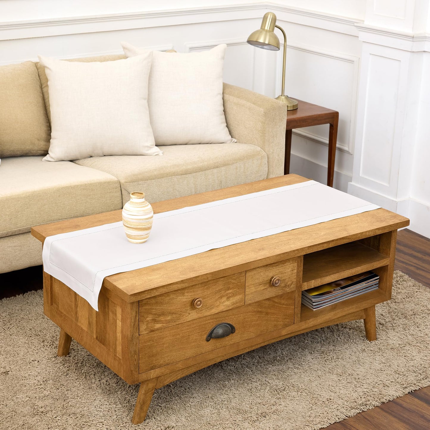 Solino Home Linen Indigo Navy Hemstitch Table Runner 60 Inches - 100% Pure Linen Small Table Runner 14 x 60 Inch Ideal for Dresser and Coffee Tables - Sonoma Hemstitch, 4th of July