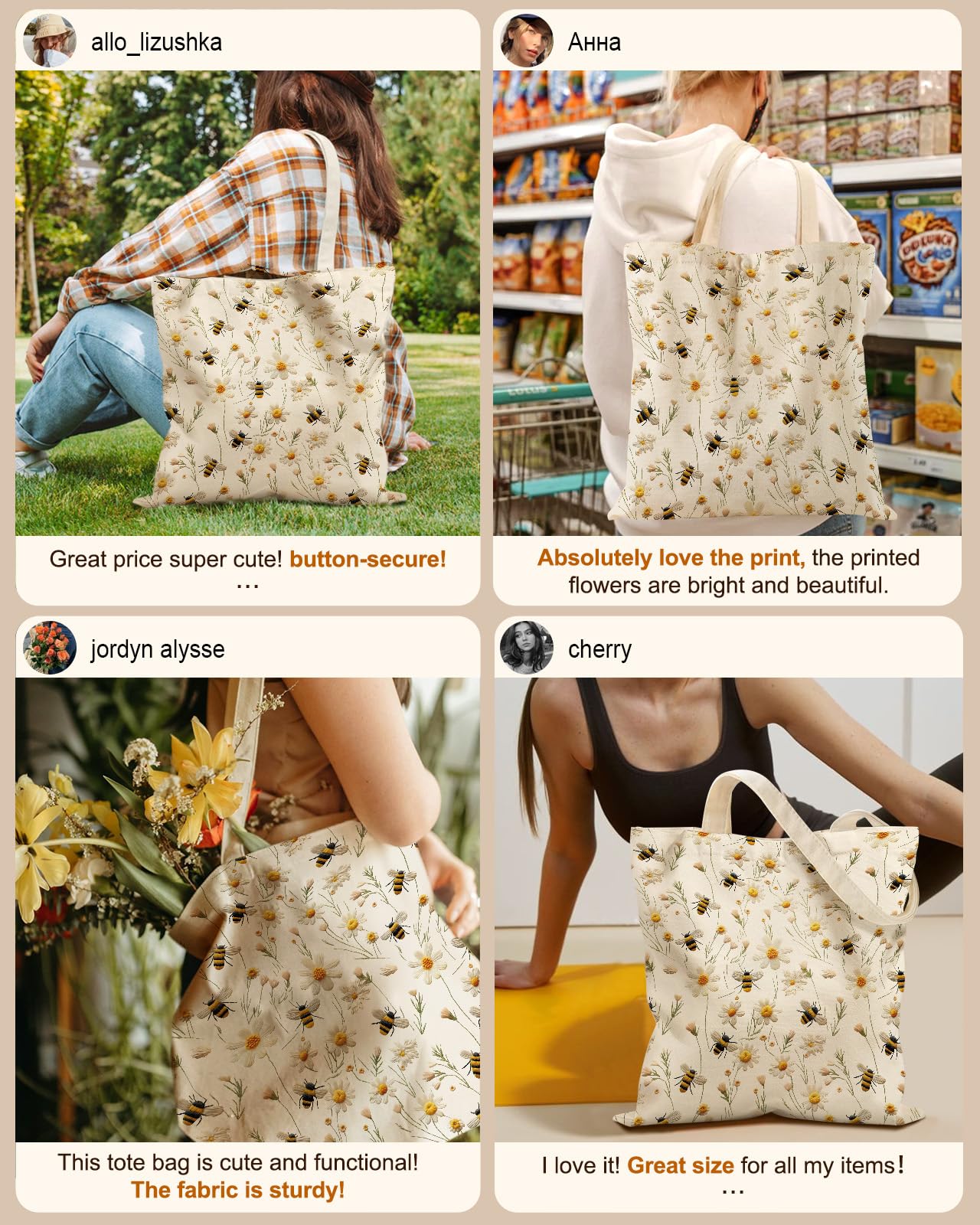 Miss Adola Canvas Tote Bag for Women - Aesthetic Canvas Totes with Pockets Cute Funny Design Ladies Reusable Cloths Shoulder Bag for Shopping Daily Work Casual, Flower Bee