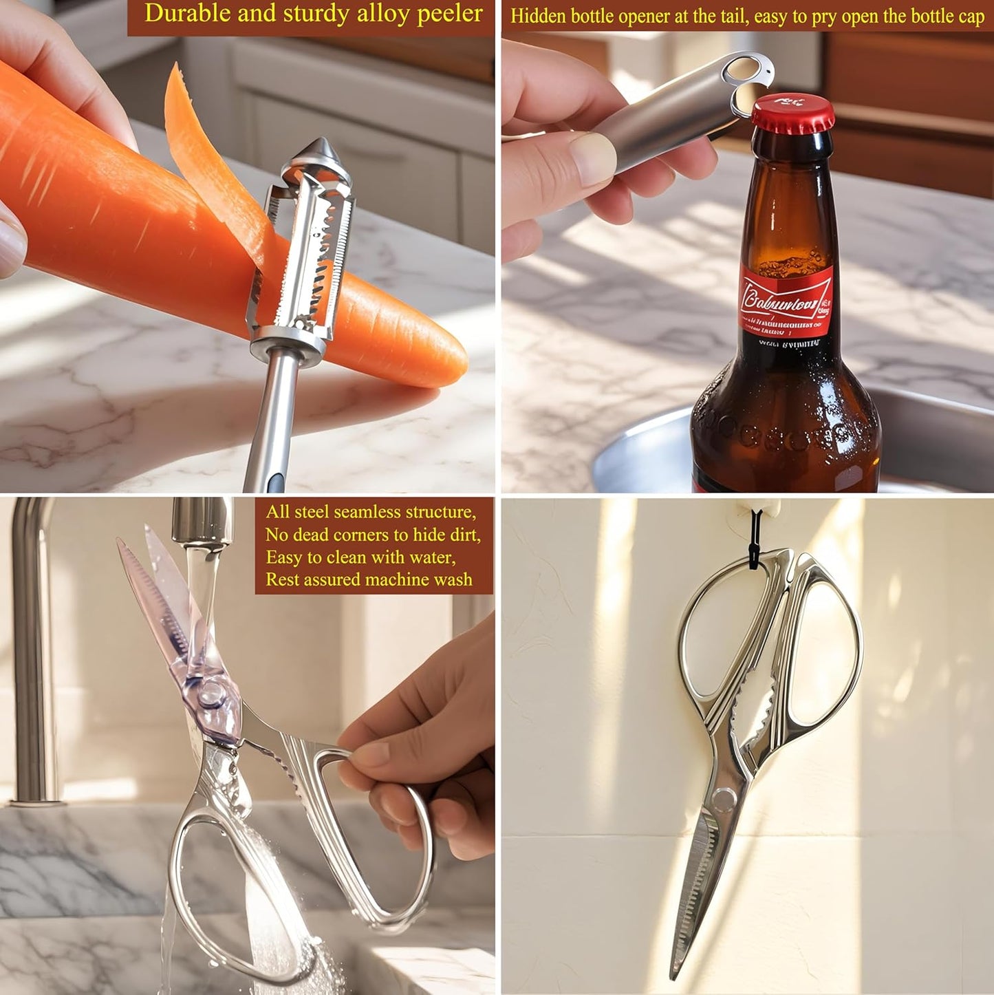 Skiennix Stainless Steel Kitchen Shears - Heavy Duty All-Purpose Scissors for Meat & Vegetables | 8 Inch, Dishwasher Safe
