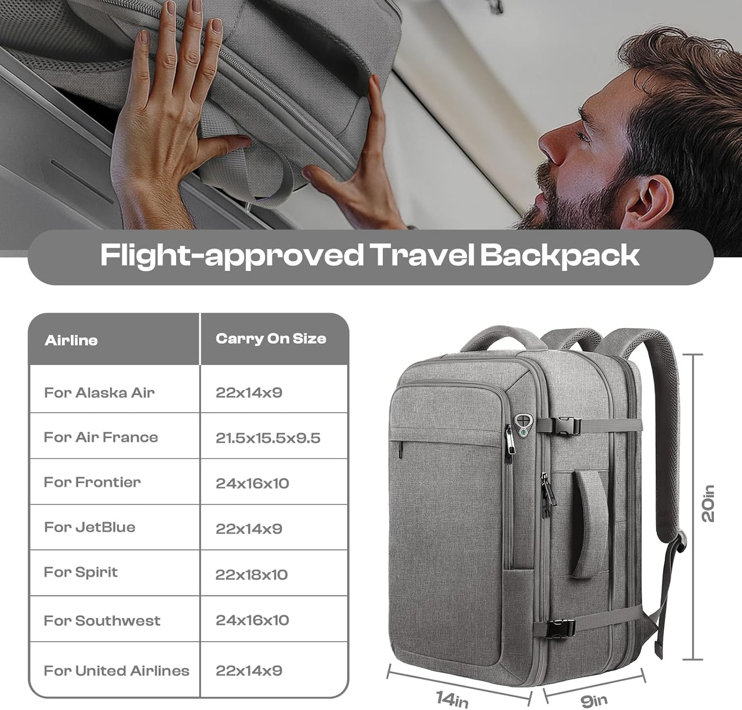 Skiennix Travel Laptop Backpack - Extra Large 40L-50L, Water Resistant, TSA Approved for 17.3" Laptops - Grey