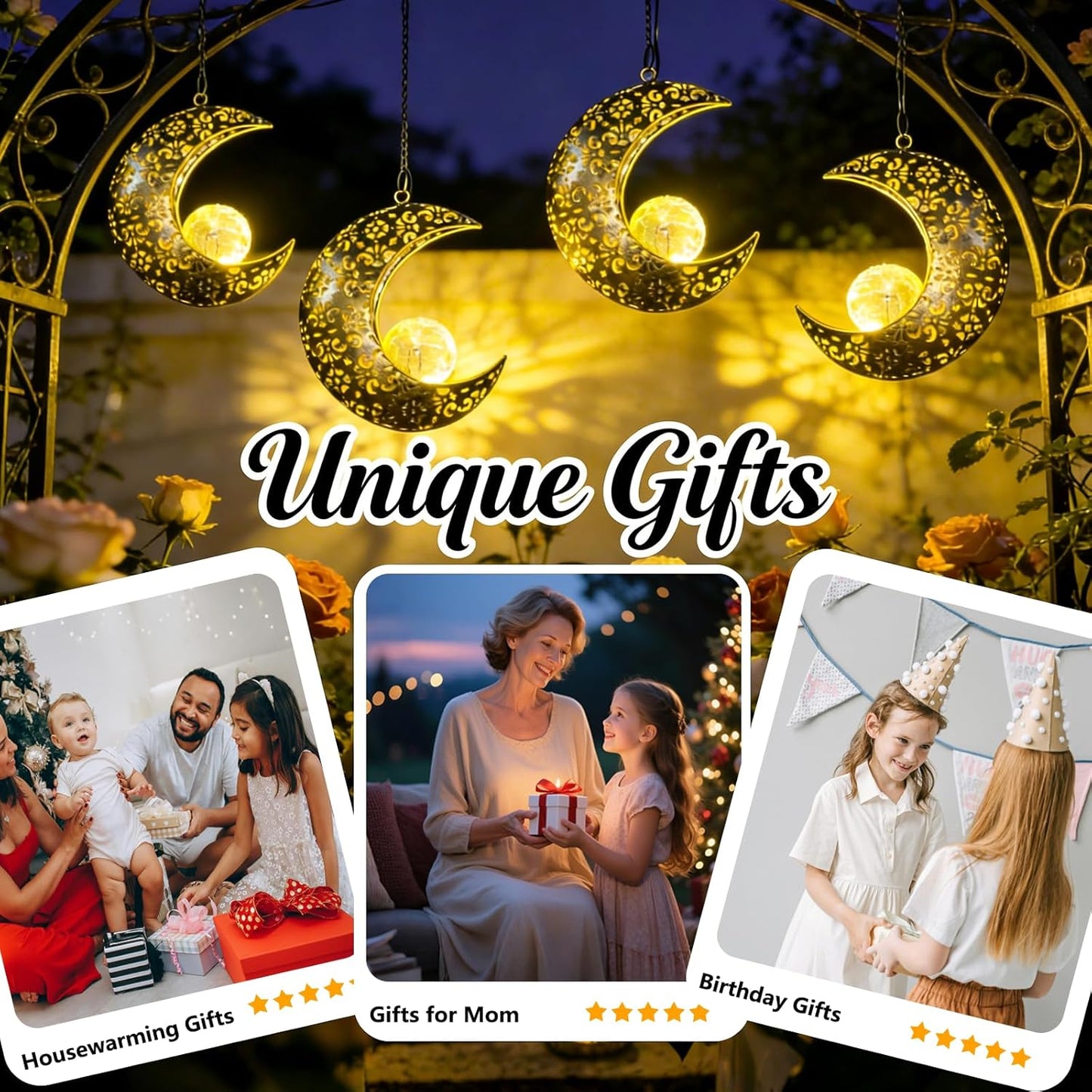 Skiennix Solar Garden Hanging Moon Lights - Unique Metal Lanterns for Outdoor Decor | Perfect Housewarming Gift for Women
