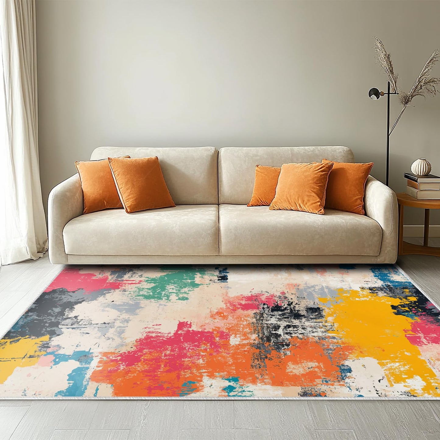 5x7 Colorful Area Rug Modern Abstract Beige Orange Yellow Pink Blue Black White Grey Rug Bedroom Low Pile Thin Large Carpet Living Room Non Slip Dining Room Stain Resistant Office Washable Machine