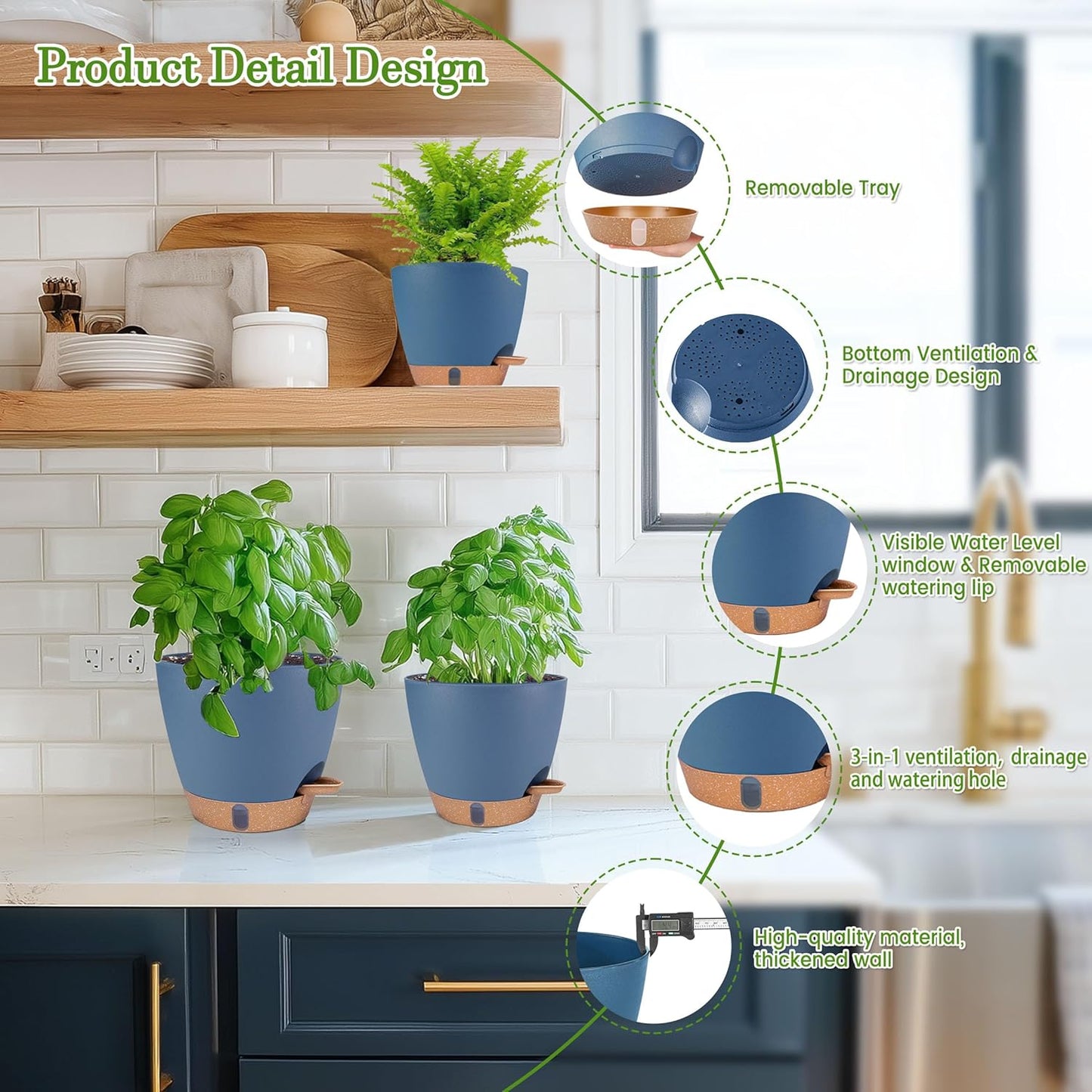 Skiennix Self-Watering Pots - Decorative Plastic Planters with Drainage & Water Level Indicator | 5-8 Inch Navy Blue