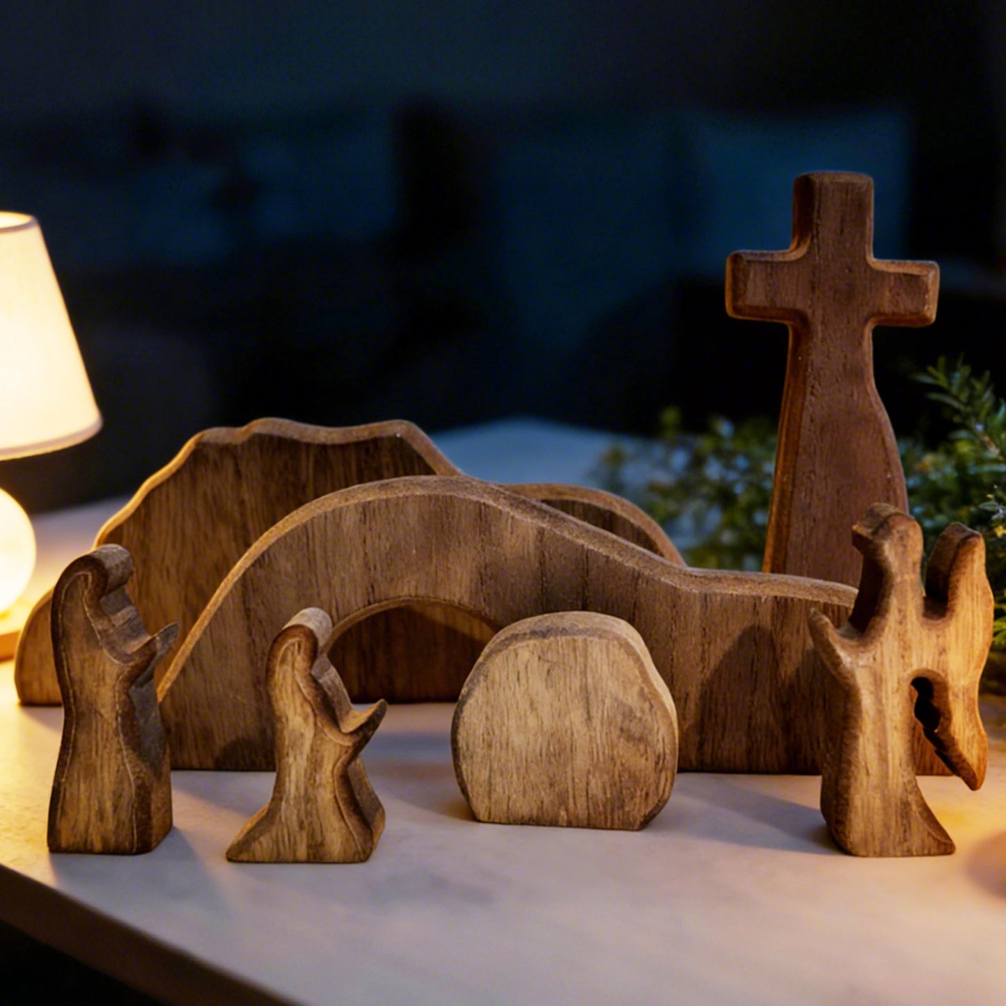 FESTGLOX Empty Tomb Easter Scene for Christian Decoration, Wooden Easter Resurrection Scene with Cross for Religious Display, Nativity Jesus Tomb Set for Home Office Tabletop Tray, Shelf Decor