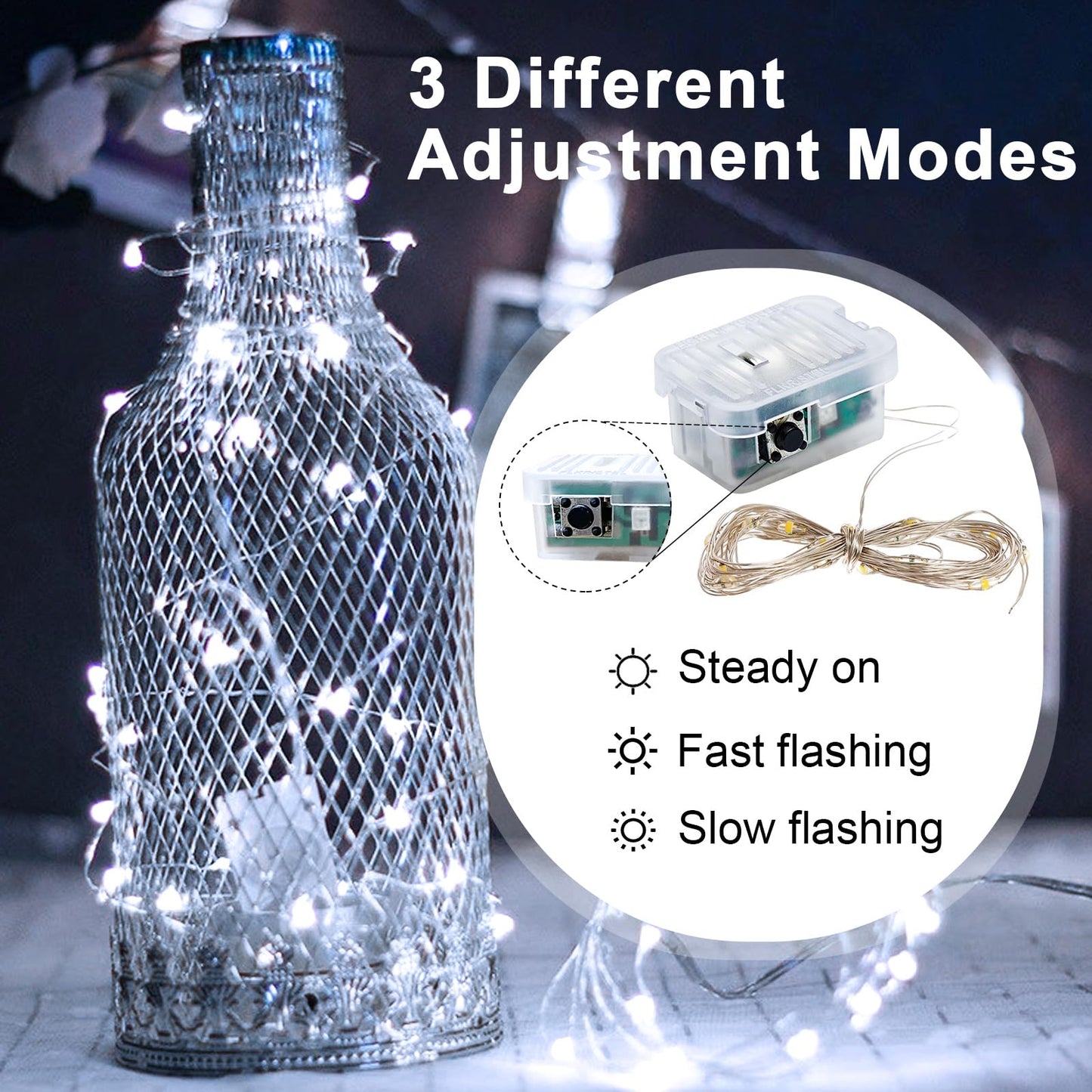 pozzolanas 24 Pack WhiteFairy Lights Battery Operated 3 Modes 7FT 20 LED Waterproof String Lights Twinkle Silver Wire for Mason Jars Wedding Christmas Halloween Party Decor(White, 24 Pack)