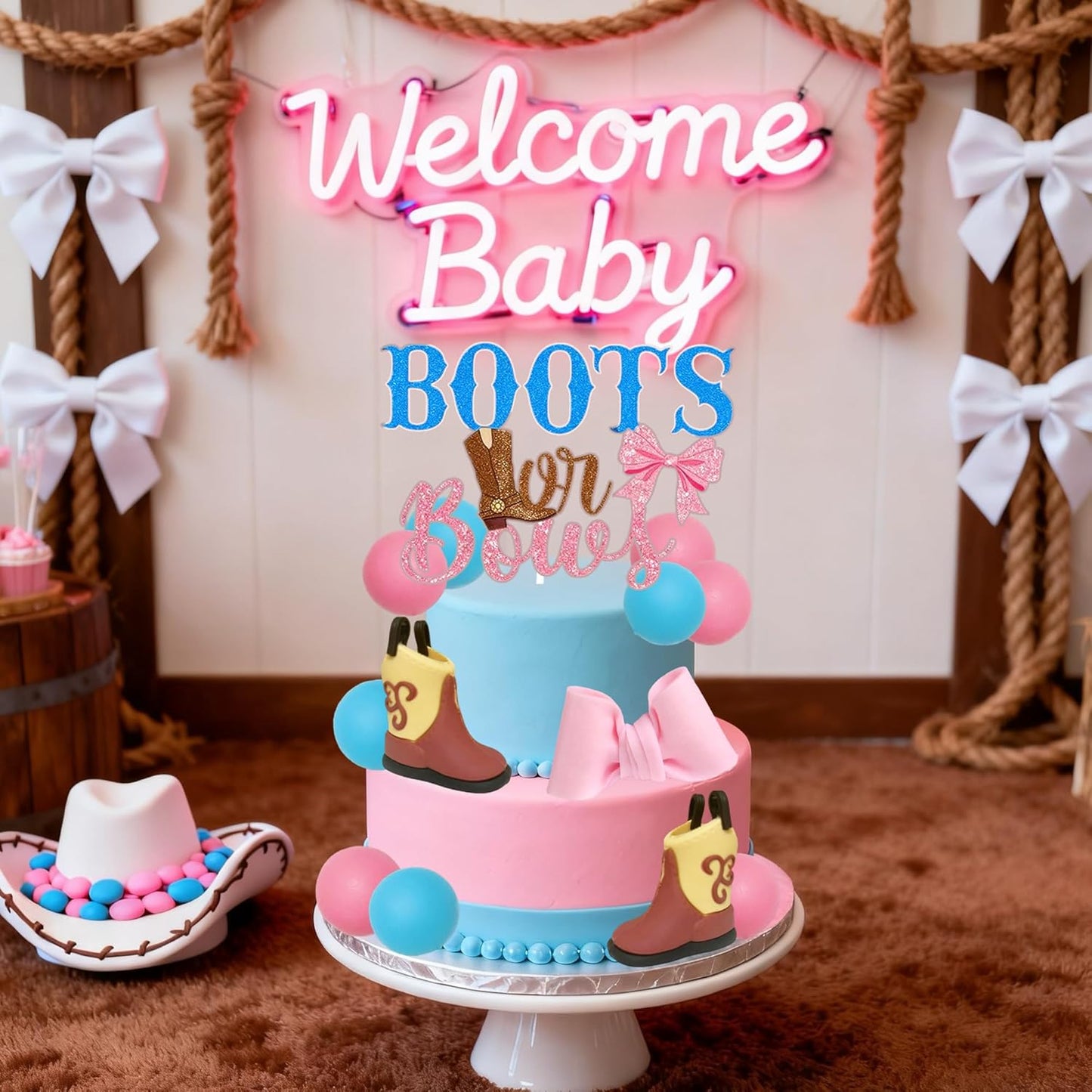 Regine Switzerland Gender Reveal Cake Decorations - Acrylic Boots & Bows Toppers Set for Baby Shower