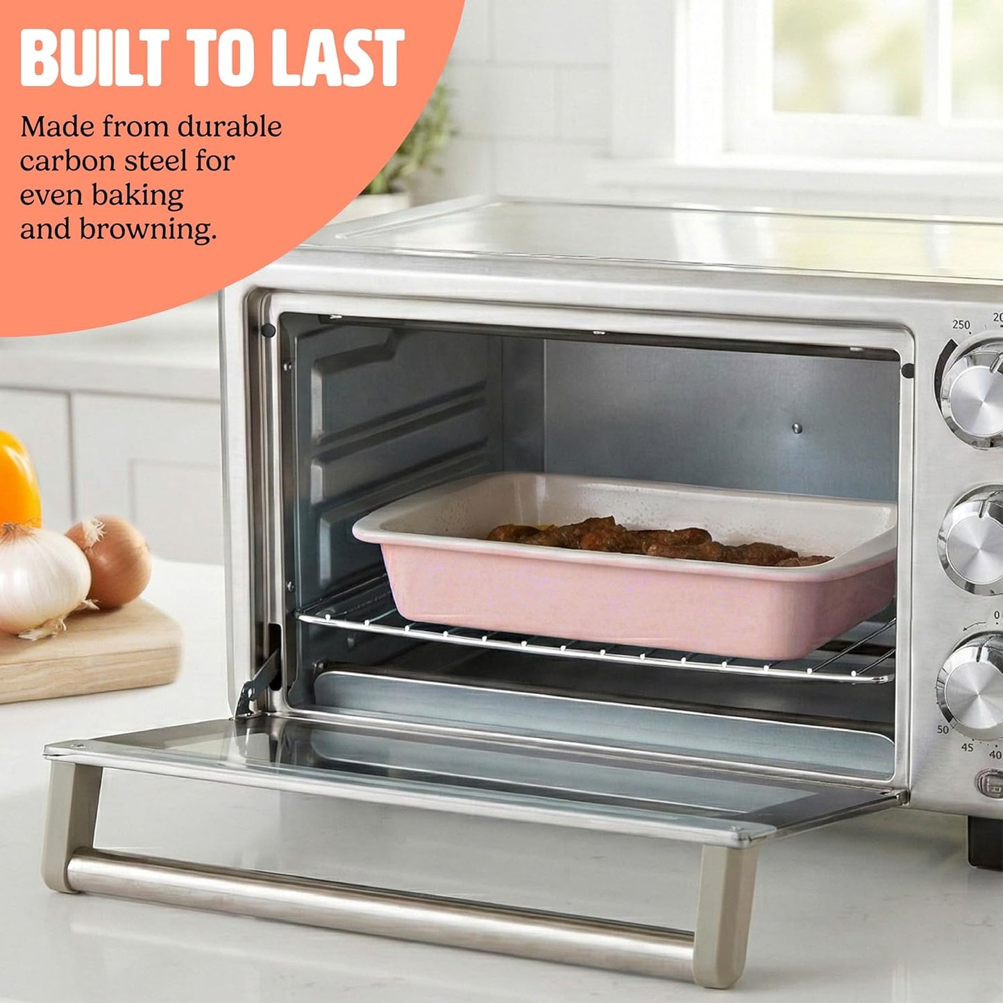 Tasty Nonstick Baking Set - 3-Piece Carbon Steel Toaster Oven Bakeware in Pink