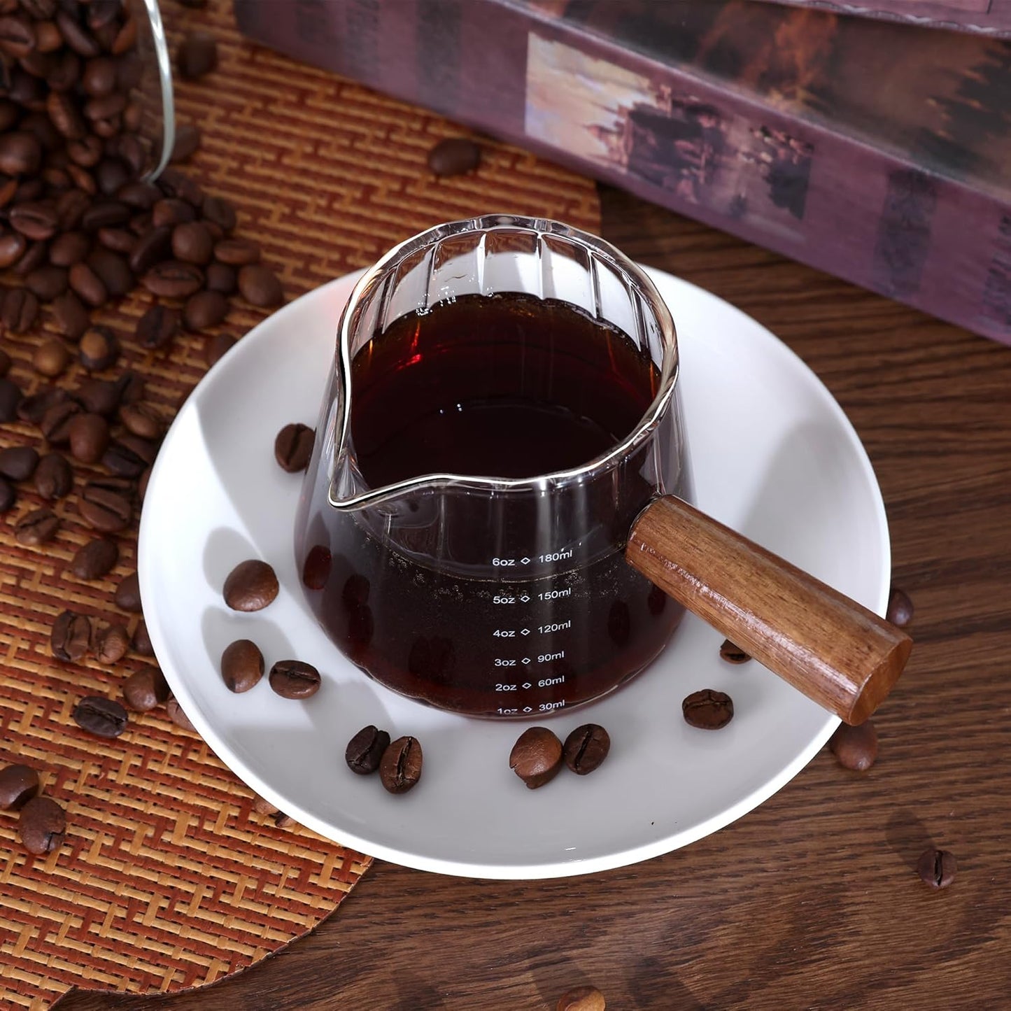 Skiennix Espresso Measuring Cup Set - 6 Oz Glass Cups with Wood Handle for Coffee & Milk Frothing