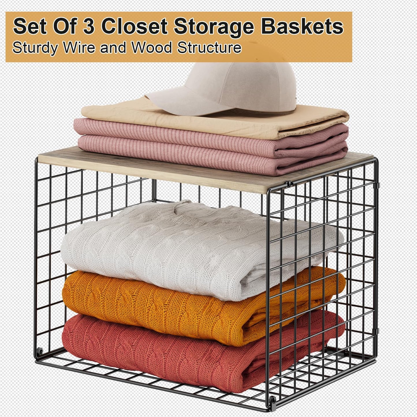 Skiennix Closet Organizer Set - Stackable Storage Shelves for Clothes & Sweaters | Space-Saving Design, Set of 3