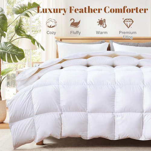 Feather and Down Comforter - Luxurious All-Season Queen Size Duvet Insert | 100% Cotton Cover, Soft & Fluffy, 90 x 90 Inches