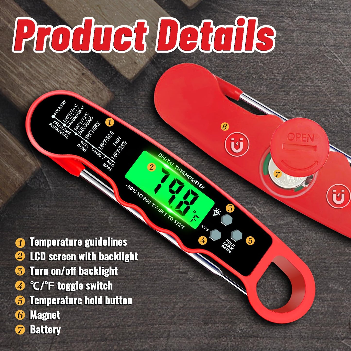 Meat Thermometer Digital, Instant Read Meat Thermometer with Backlight & Magnet for Kitchen, Beef, Grill, Turkey,IP67 Waterproof Cooking Thermometer
