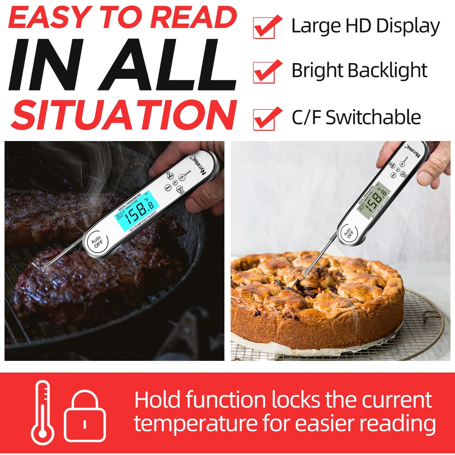 Nycetek Digital Cooking Thermometer, Accurate & Waterproof Instant Read Meat Thermometer with Backlit, Calibration, Probe, Food Thermometer for Kitchen, Grilling, Candy, BBQ, Oil Fry, Baking