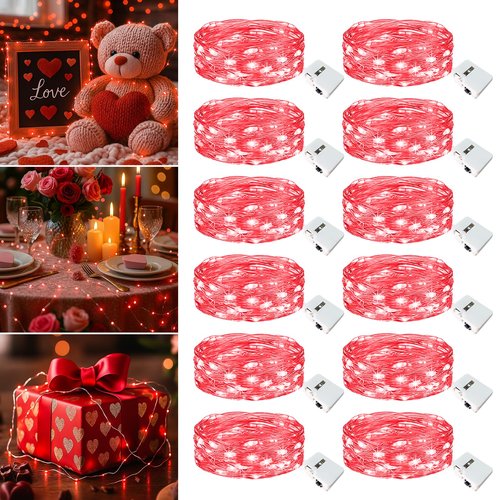 12 Pack Fairy Lights Battery Operated - 7ft 20 Led Twinkle Lights 3 Modes, Bulk Mini String Lights Waterproof for Mason Jars Vases DIY Party Wedding Decoration Christmas - Red