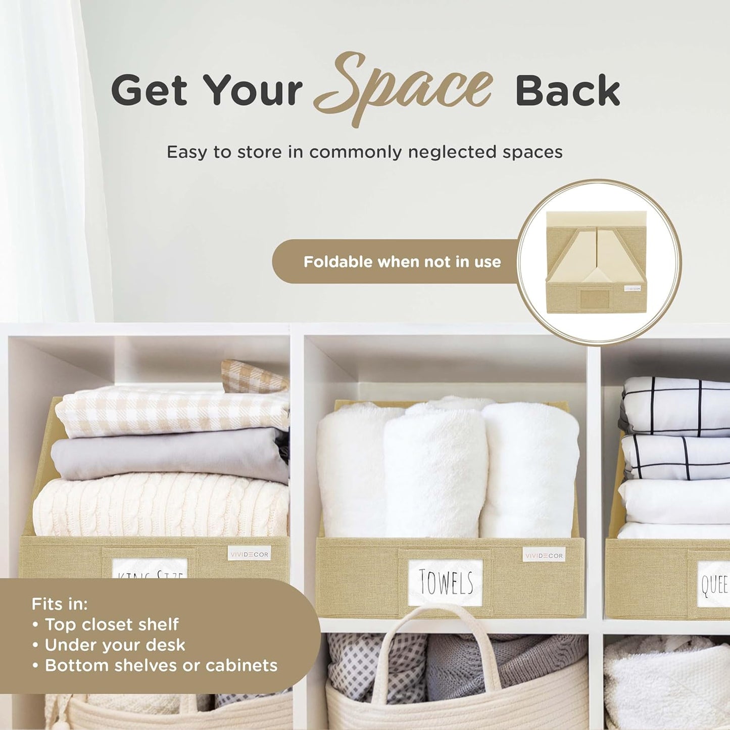 VIVIDECOR Trapezoid Storage Bins - 3-Pack Foldable Fabric Organizers for Closet & Shelf (Beige)