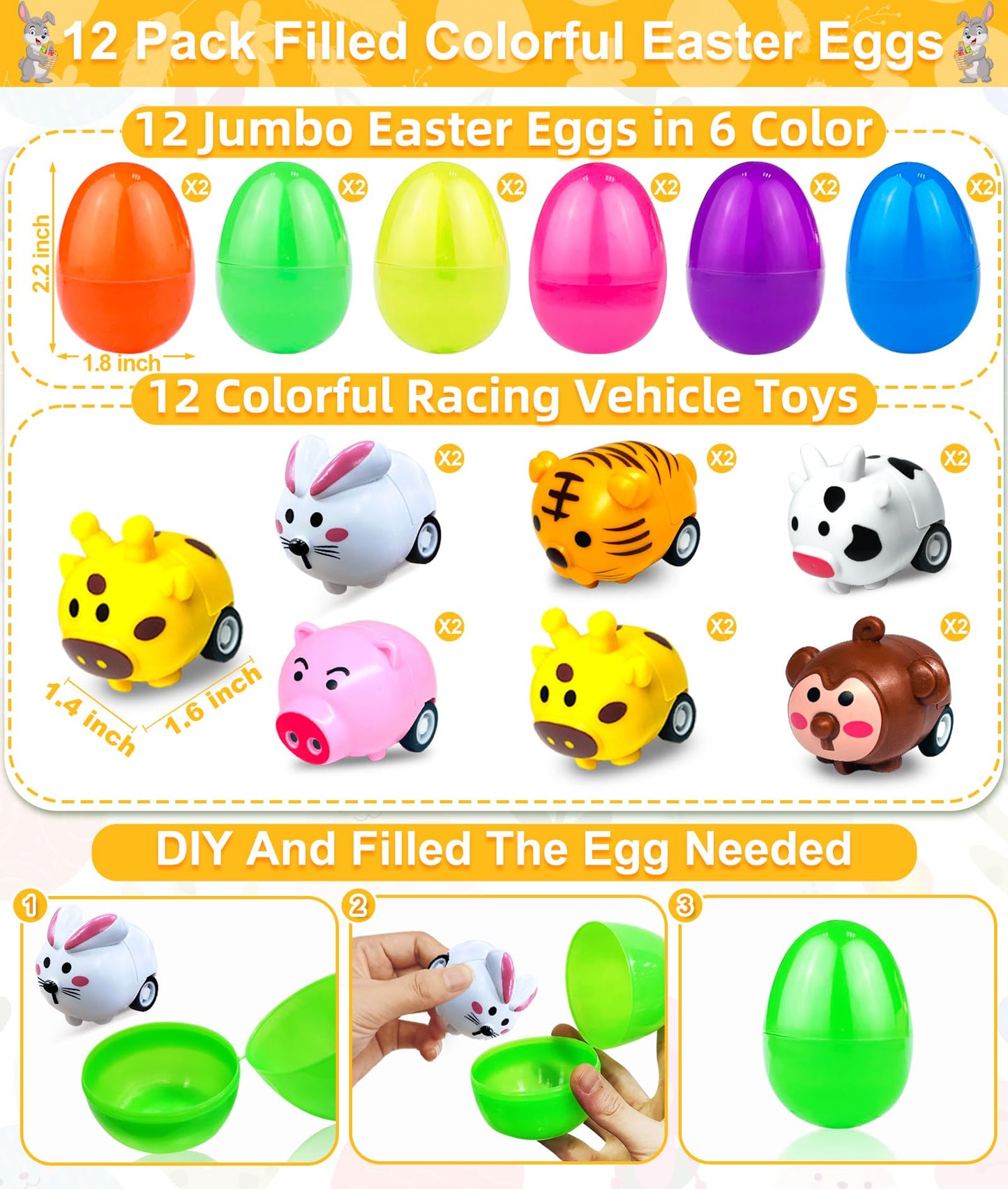 12 Pack Filled Easter Eggs with Toys Inside, Animals Bunny Pull Back Cars Easter Eggs Filled for Kids Boys Girls Easter Egg Hunt Party Favors Easter Basket Stuffers Essential Filler Classroom Prize