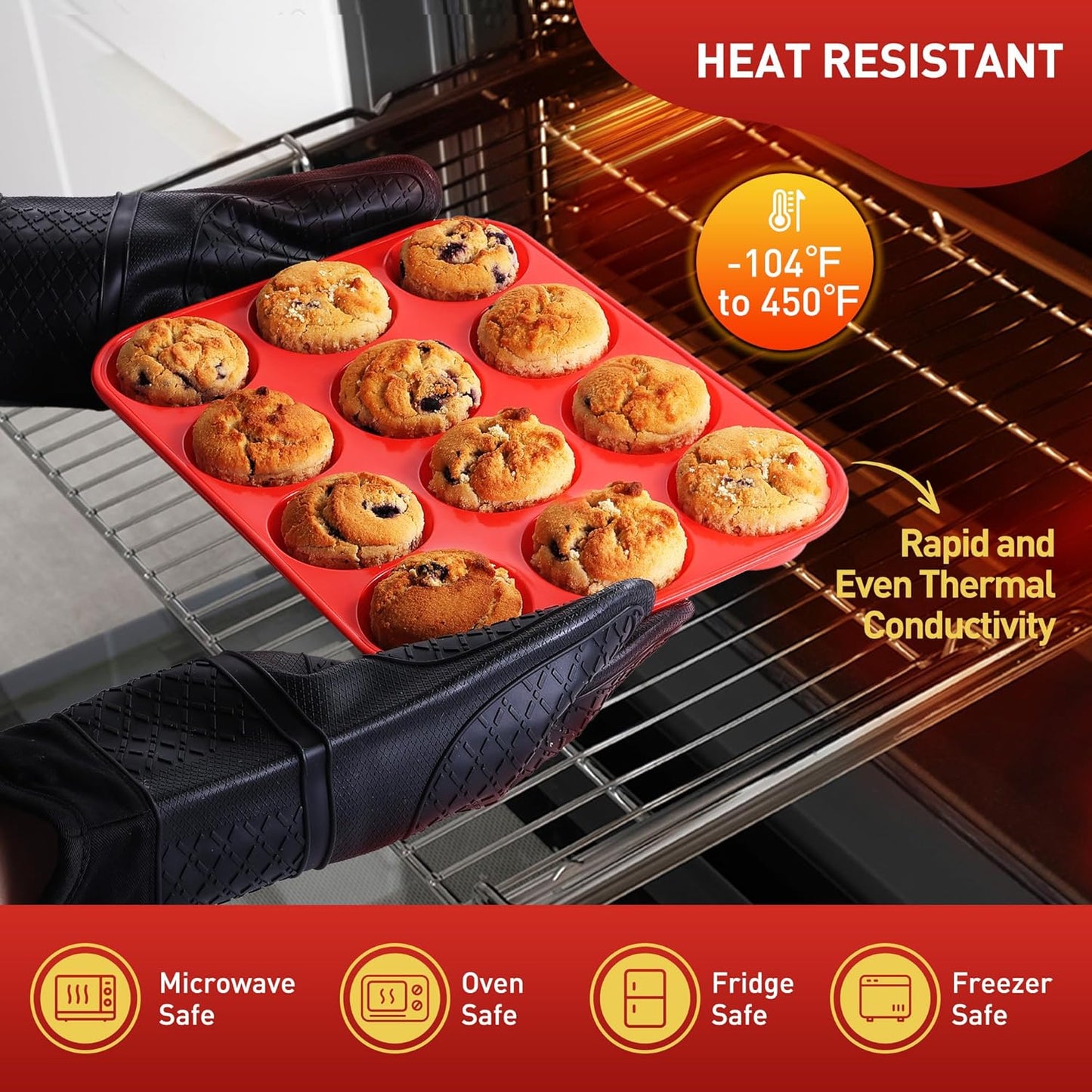 Skiennix Silicone Muffin Pan - 12-Cup Nonstick Baking Molds with Metal Reinforced Frame | Regular Size