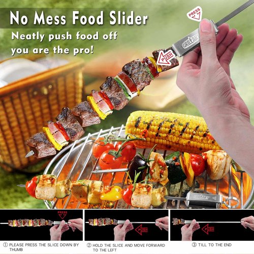 GRILLART Kabob Skewers - Stainless Steel BBQ Skewers with Slider | 17" Flat Skewers for Meat, Shrimp & Veggies (10PCS)