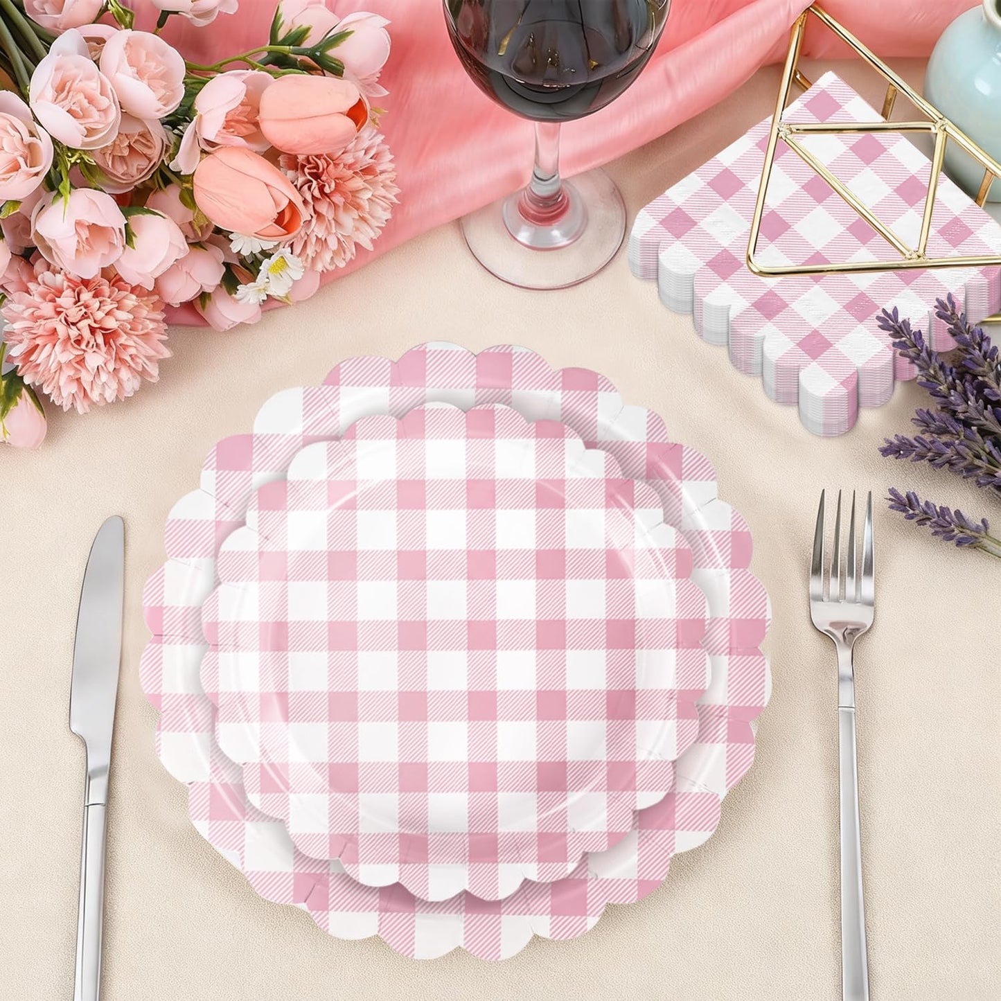 175 PCS Pink Gingham Party Supplies Includes Pink Gingham Paper Plates, Cups, Napkins, Cutlery for Baby & Bridal Shower, Wedding, Birthday Party, Outdoor Picnic, Serves 25