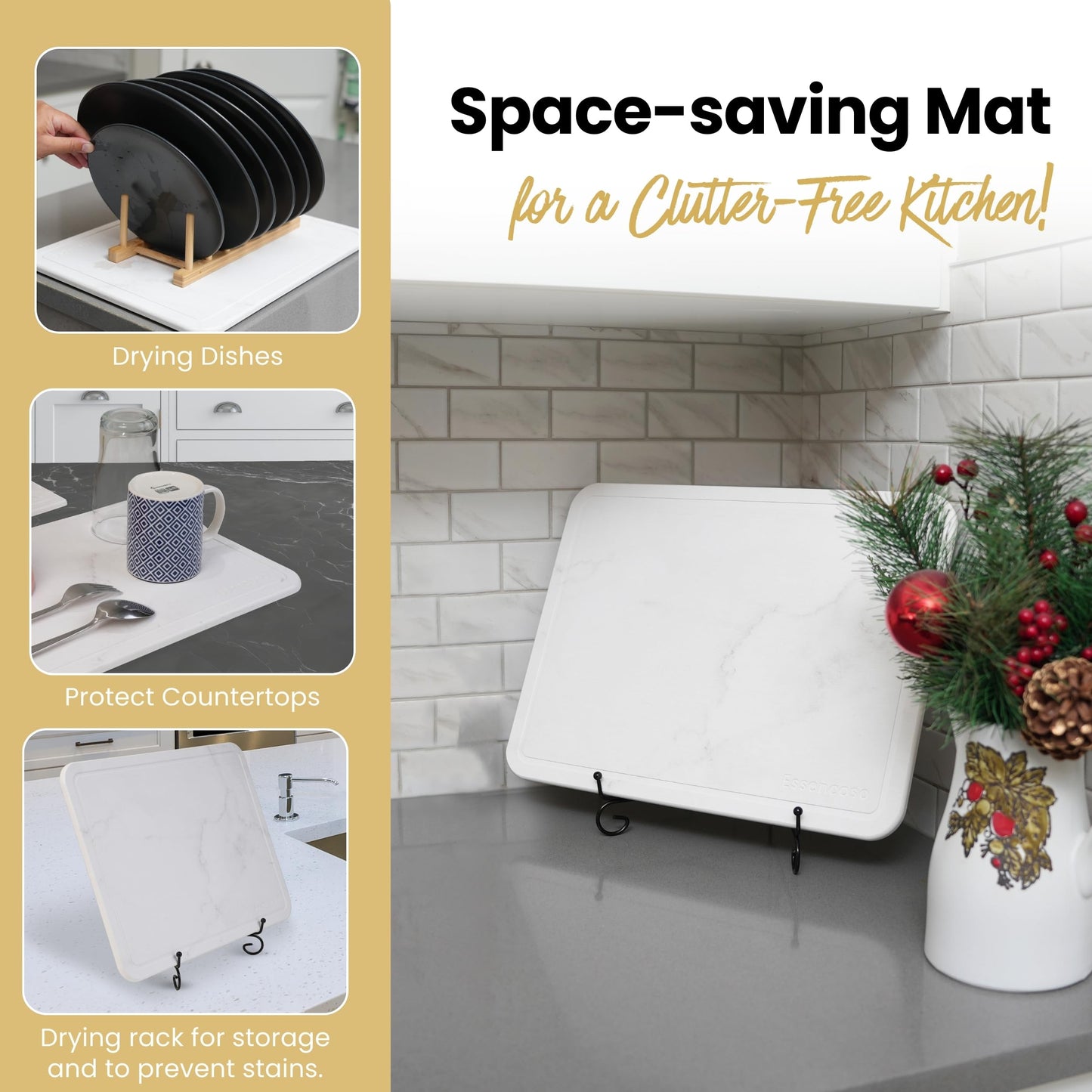 Essencoso Stone Drying Mat For Kitchen Counter - 11.8" x 15.7" Water Absorbing Stone tray For Sink, Metal Rack and Kitchen Sink Caddy | Diatomaceous Earth Food Grade | Drying Stone For Kitchen counter
