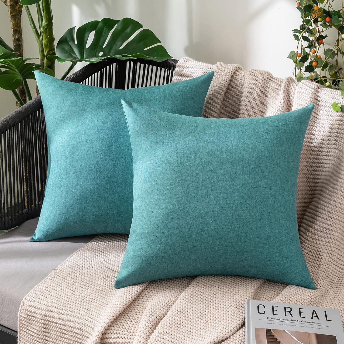 MIULEE Decorative Outdoor Throw Pillow Covers - Waterproof Faux Linen Cushion Cases | 18x18 Inch Turquoise, Pack of 2