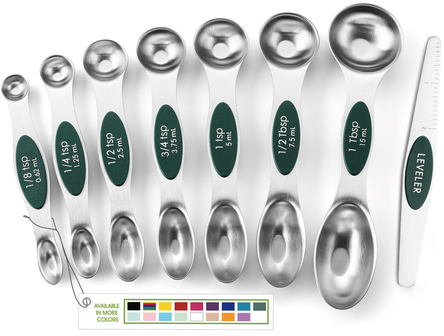 Spring Chef Stainless Steel Magnetic Measuring Spoons Set of 8 with Leveler, Stackable Magnetic Teaspoon & Tablespoon Set, Metal Kitchen Gadgets for Baking & Cooking, Fits in Spice Jars - Pine Green