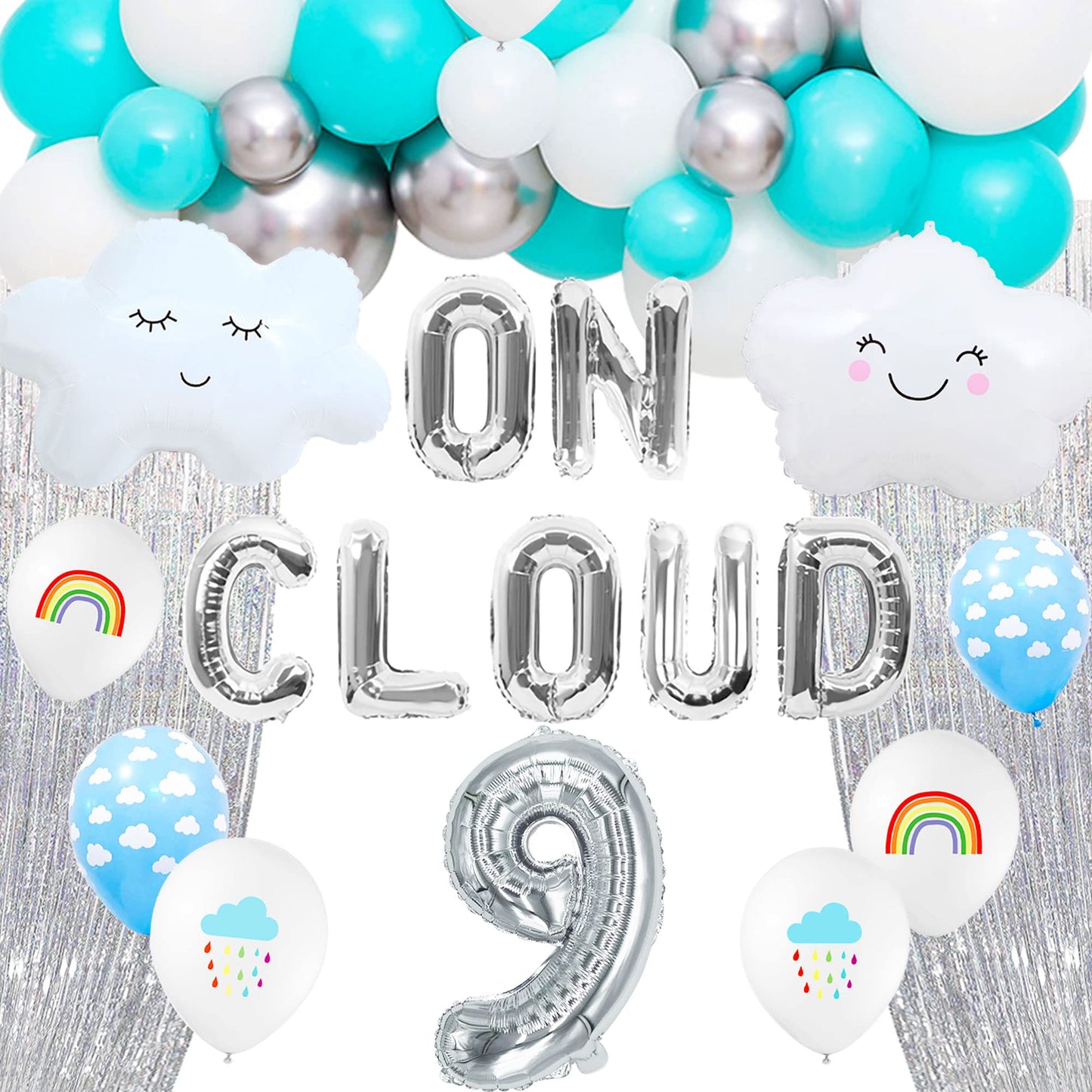 LaVenty 43 PCS Silver On Cloud 9 Balloons Decoration 9 Birthday Decoration Nine Years Old Birthday Balloon 9th Party Supplies Cloud Balloon