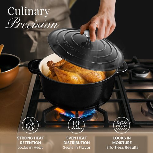 Cast Iron Dutch Oven with Lid – Non-Stick Ovenproof Enamelled Casserole Pot – Sturdy Dutch Oven Cookware – Black, 7.3-Quart, 30cm – by Nuovva