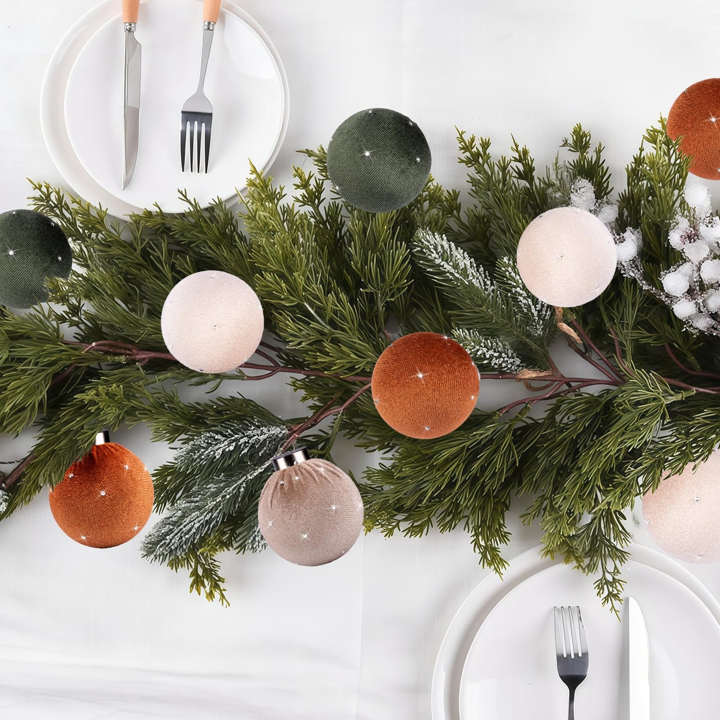 TonJin Christmas Tree Ornaments Velvet Balls 12 Pack, 2.36"/60mm Glitter Shatterproof Hanging Flocked Xmas Bulbs Decorations, Lightweight, Burnt Orange Green Beige Neutral,Holiday Party Home Decor