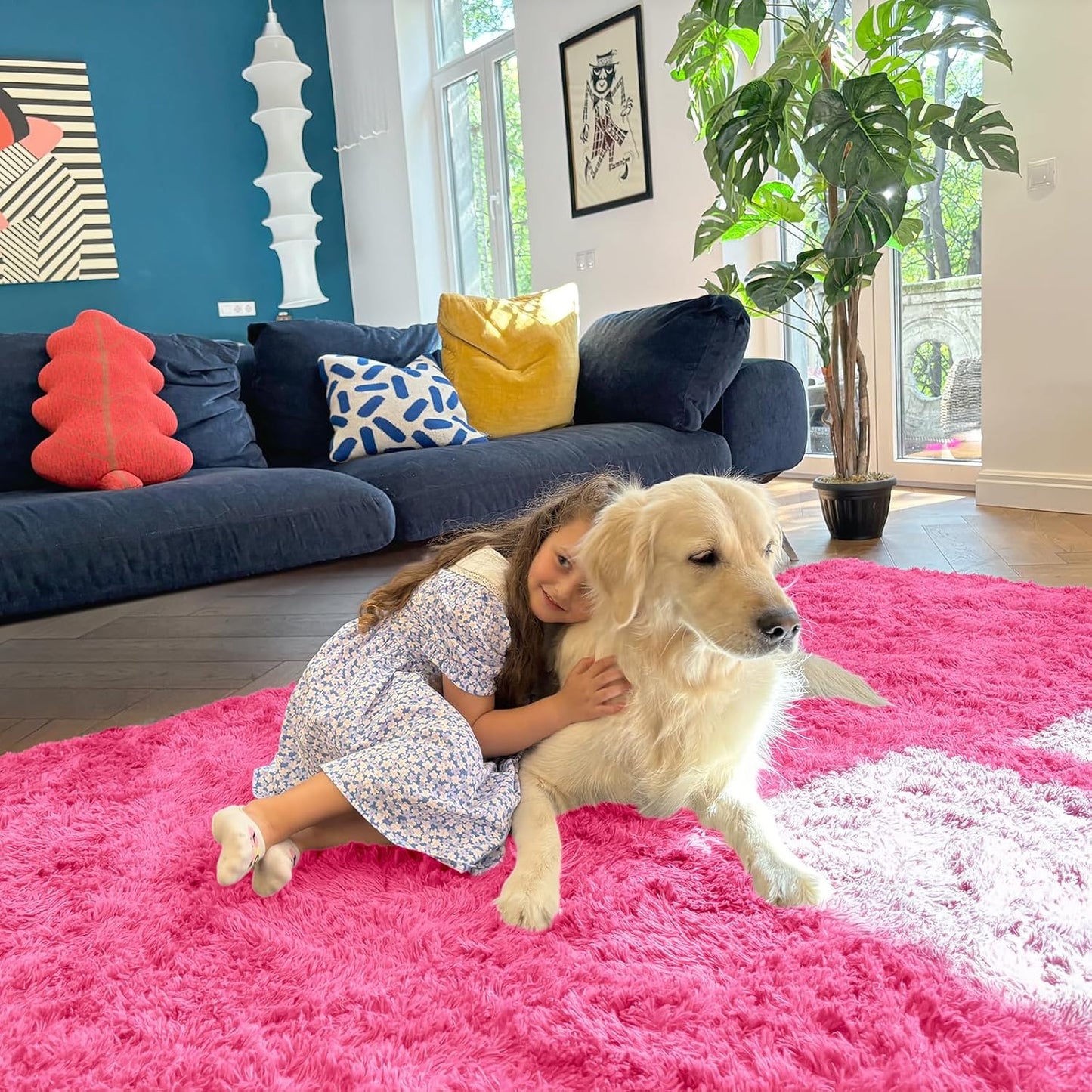 OLANLY Large 5x7 Machine Washable Area Rug - Soft Fluffy Shaggy Carpet for Kids & Home Decor | Hot Pink
