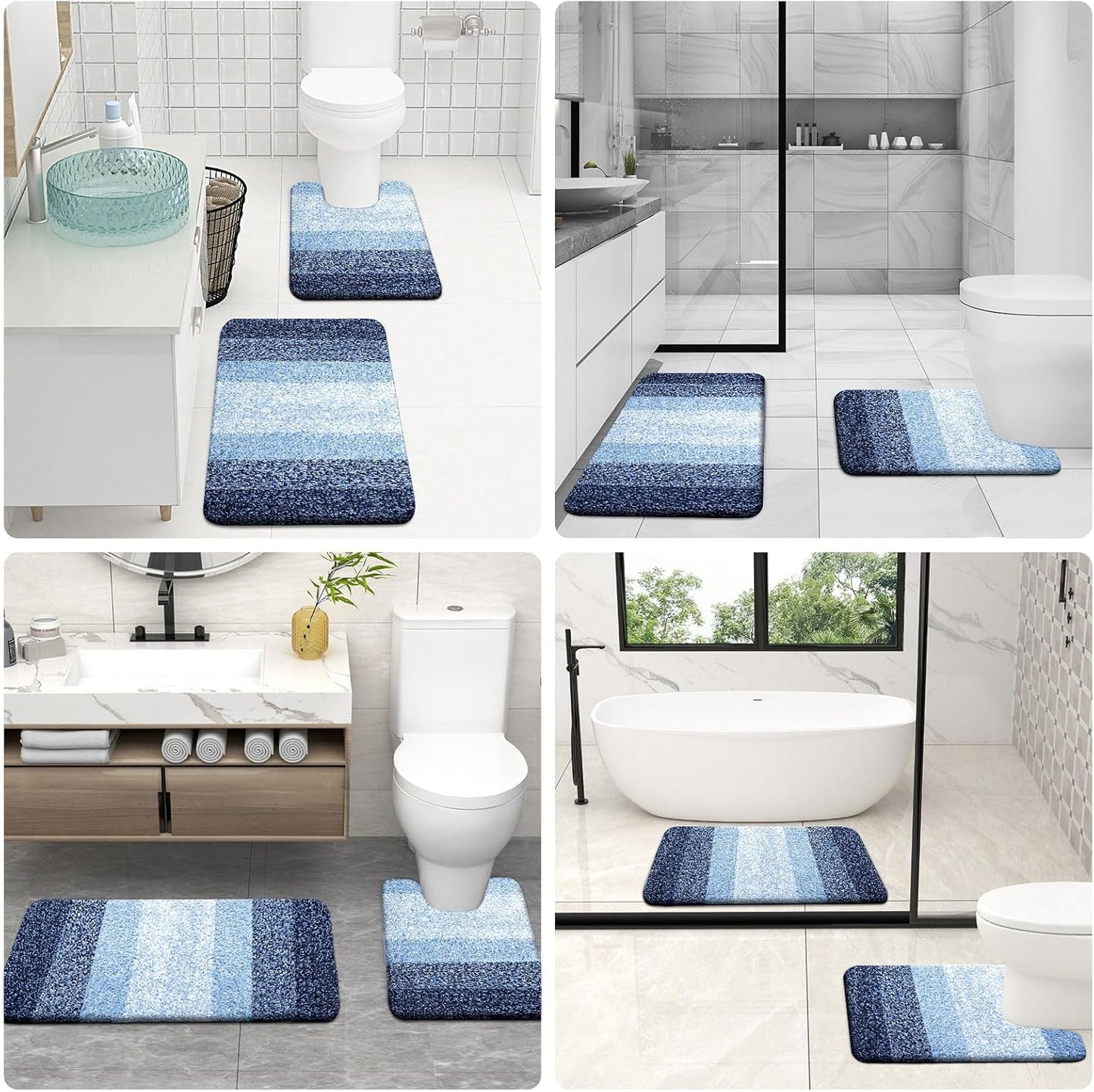 OLANLY Bathroom Rugs Set - Soft Absorbent Microfiber Mats & U-Shaped Contour Rug | Navy, 3-Piece Set (30"x20"+24"x16"+24"x20")