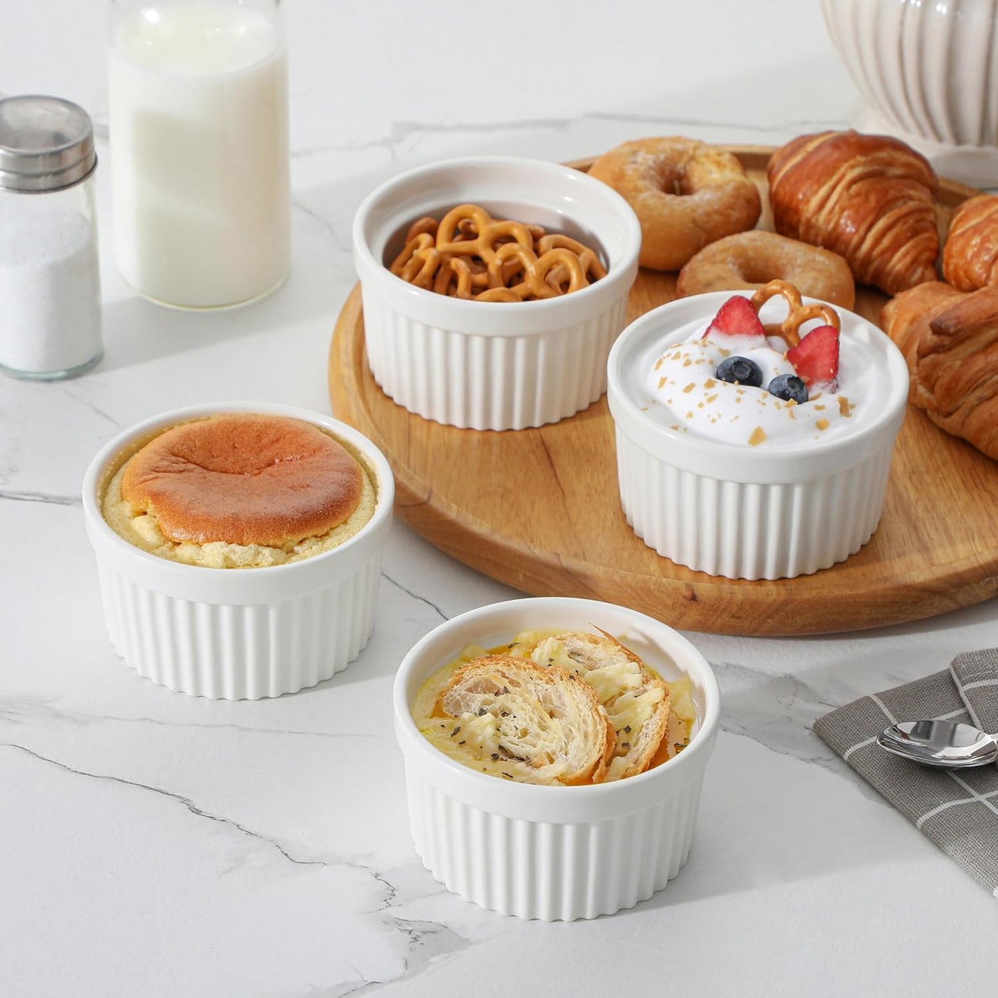 MALACASA Ramekins - 8 Oz Oven Safe Porcelain Baking Cups for Creme Brulee & Pudding | Set of 6 White