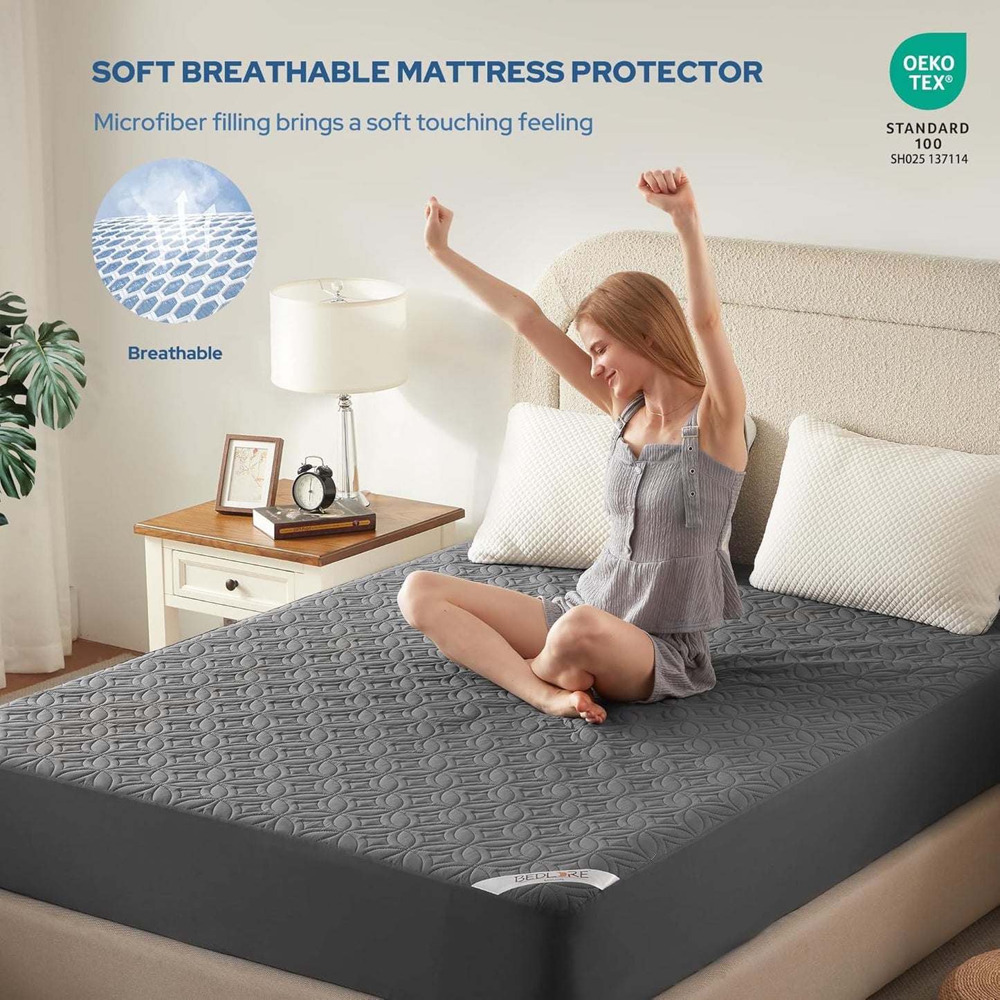 Skiennix Waterproof Mattress Protector - Noiseless Queen Size Pad with Deep Pocket | Soft & Washable (Gray)