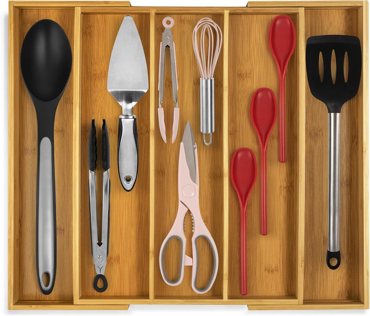 Purawood Kitchen Drawer Organizer - Expandable Bamboo Utensil & Cutlery Tray, 3-5 Slots (Natural Finish)