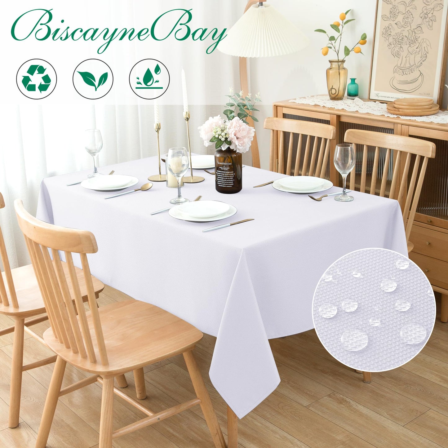 Biscaynebay Textured Fabric Tablecloths 90x156 Inches Rectangular, White Water Resistant Tablecloths for Dining, Kitchen, Wedding and Parties etc. Machine Washable