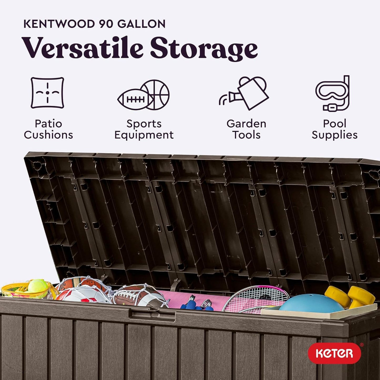 Keter Kentwood 92 Gallon Resin Deck Box - Outdoor Storage for Furniture, Cushions & Tools | Brown