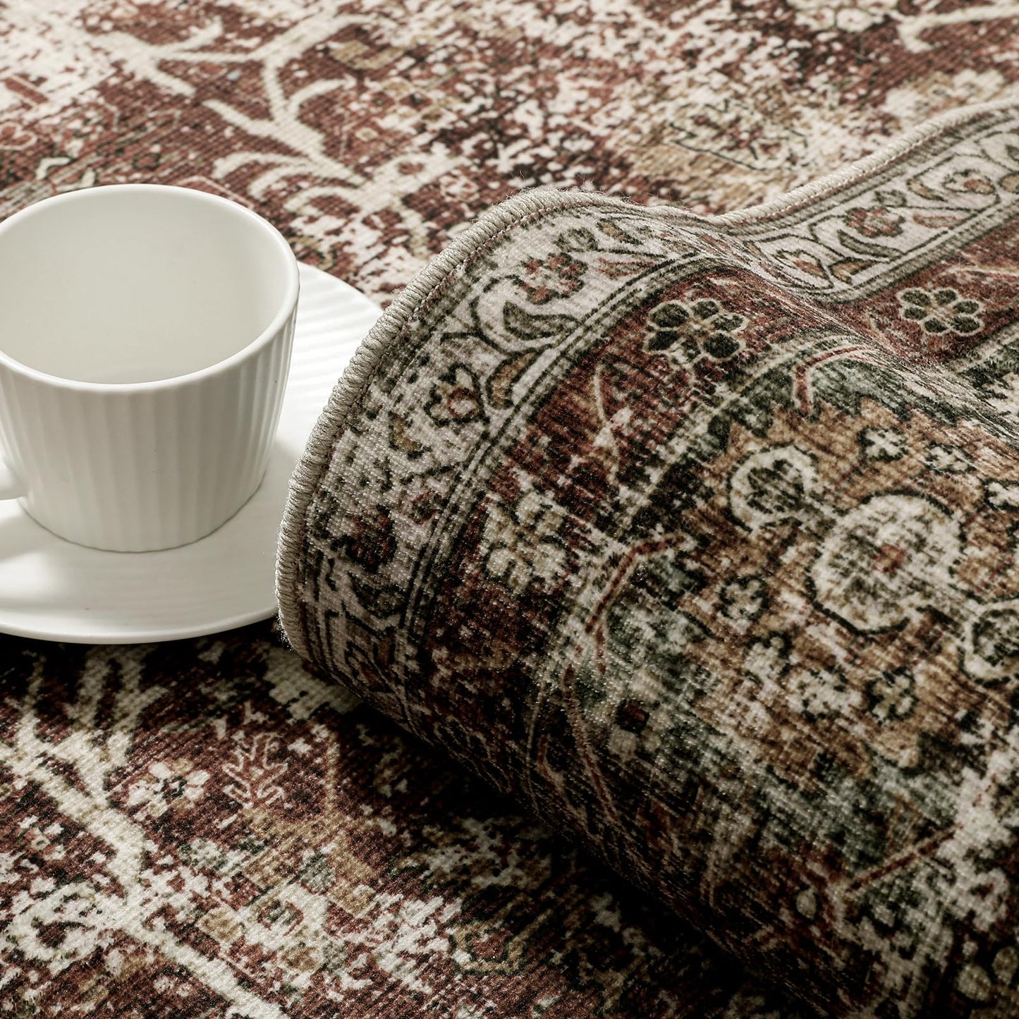 PureCozy Rust Red Runner Rug 3x10 Vintage Area Carpet Hallway Long Indoor Kitchen Washable Living Room Low Pile Traditional Distressed Retro Accent Throw Rug Non Slip Laundry Bathroom Office