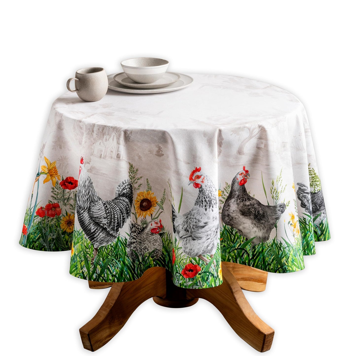Maison d' Hermine Table Cloth Round Table 100% Cotton 69 Round Inches Tablecloth Reusable Decorative for Dining Kitchen Room Farmhouse Home Gifts for Mothers Day Spring Summer - Basse Cour