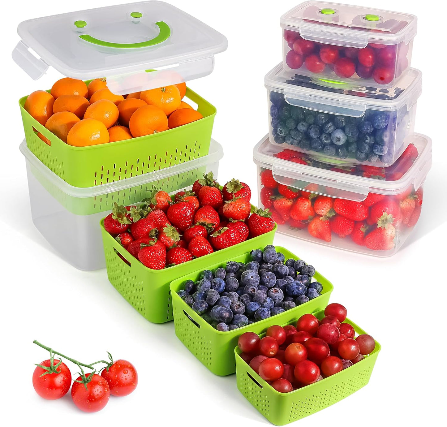 Skiennix Fruit Storage Containers - Airtight Set of 4 for Fresh Produce & Snacks - Space-Saving Green Design
