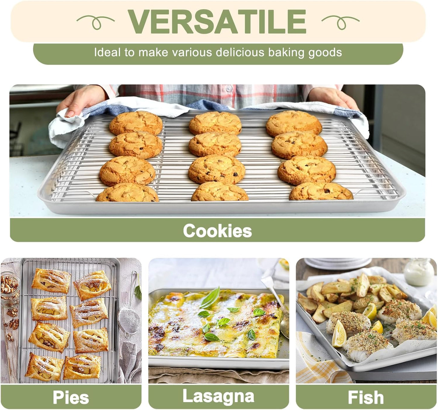 TeamFar Baking Sheet Set - 3 Stainless Steel Cookie Sheets with Racks | Non-Toxic, Heavy Duty, Dishwasher Safe, 16/12.5/9 Inch