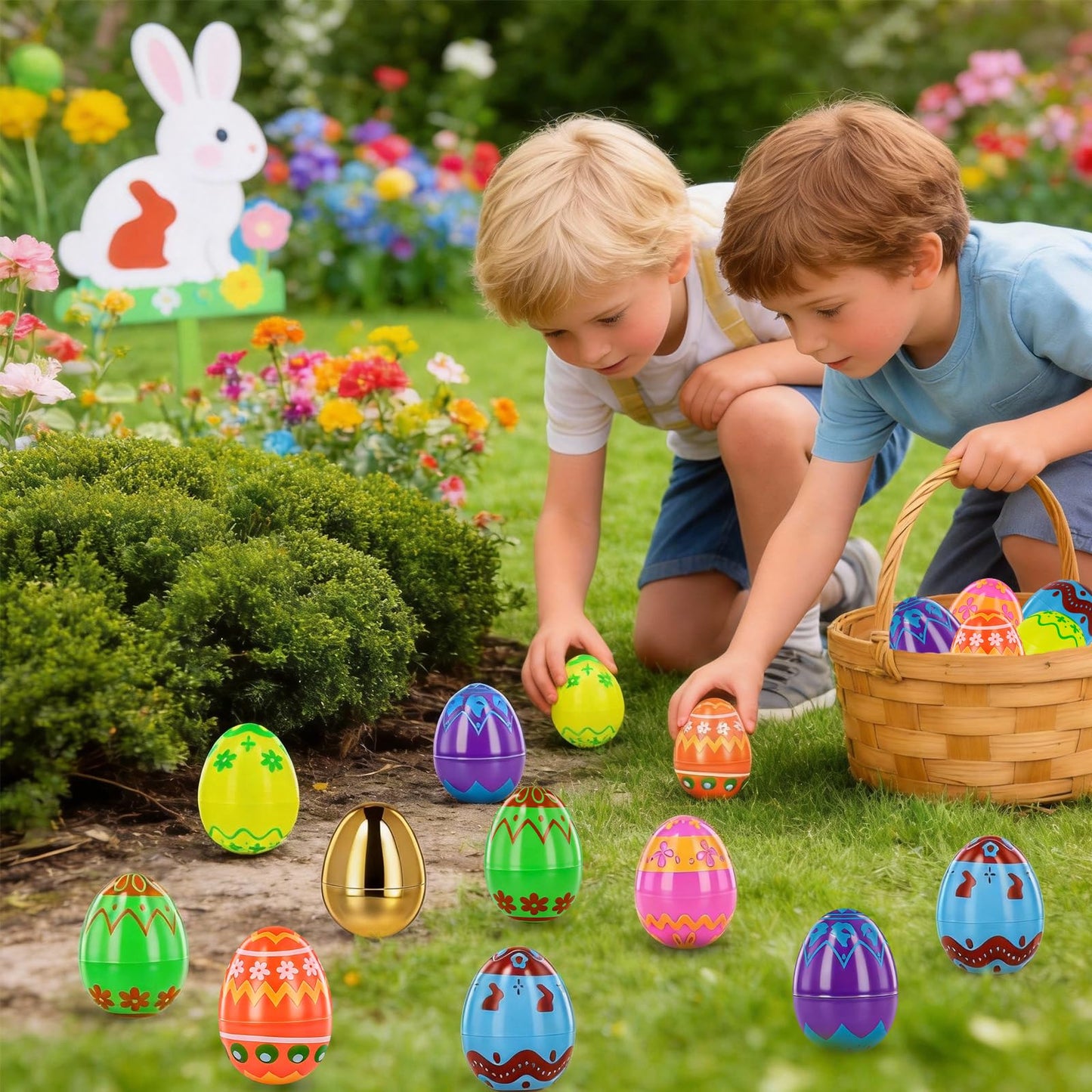 MGparty 50 Pcs Plastic Easter Eggs Empty 2.3 Inch Fillable Easter Eggs Bulk with 2 Golden Eggs, Printed Plastic Eggs for Easter Egg Hunt, Basket Stuffers, Party Favors, Classroom Prizes Decorations