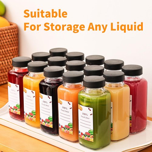 15 Pack 8 oz Glass Juice Bottles with Black Lids & Labels, Reusable Travel Juice Storage Containers, Clear Glass Drink Jars for Juicing, Water, Ginger, Wellness Shots - Leakproof, Dishwasher Safe
