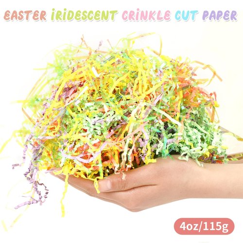 Jansun Easter Grass Crinkle Cut Paper, 115g/4oz Easter Iridescent Shred Paper Filler with Easter Confetti for Easter Gift Box Grass Basket Filler Gift Wrapping Easter Decorations